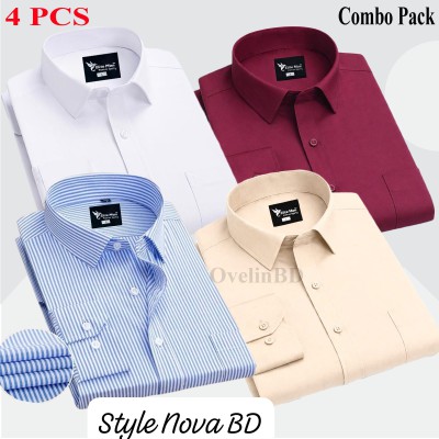 4 Pcs Combo Premium Quality Formal Shirt - White, Maroon, Biscuit & Sky Blue Stripe. - 1644