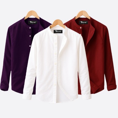 3 pcs Combo Ban Colar Full Sleeve Shirt - White, Purple, Sky Blue & Navy Blue. - 1640