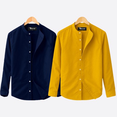 2 pcs Combo Ban Colar Full Sleeve Shirt - kathali & Navy Blue. - 1640