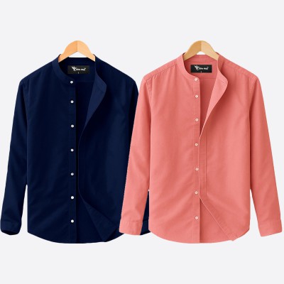 2 pcs Combo Ban Colar Full Sleeve Shirt - Pink & Navy Blue.