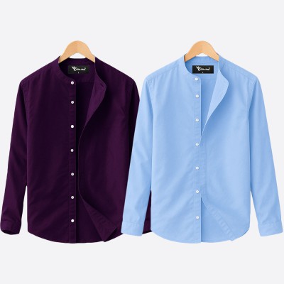 2 pcs Combo Ban Colar Full Sleeve Shirt - sky blue & Purple. - 1246