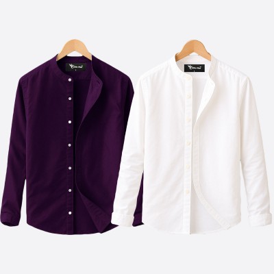 2 pcs Combo Ban Colar Full Sleeve Shirt - white & Purple.