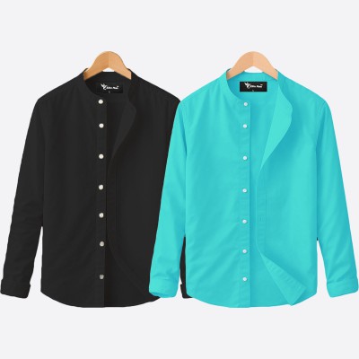 2 pcs Combo Ban Colar Full Sleeve Shirt - Sky Blue & pest.