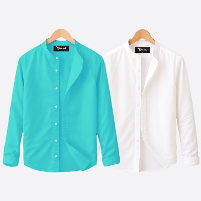 2 pcs Combo Ban Colar Full Sleeve Shirt - white & Pest. - 1236