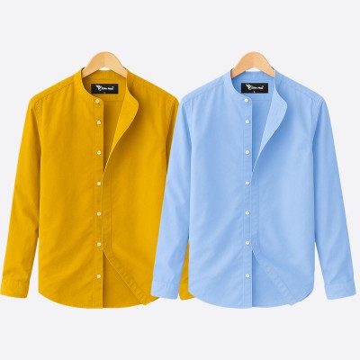 2 pcs Combo Ban Colar Full Sleeve Shirt - Kathali & Sky Blue.