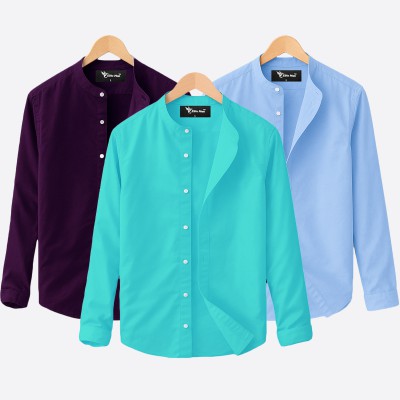 3 pcs Combo Ban Colar Full Sleeve Shirt - Purple, pest & Sky Blue. - 1269