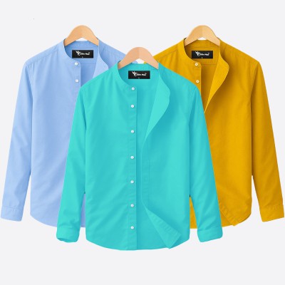 3 pcs Combo Ban Colar Full Sleeve Shirt - Pest, Kathali & Sky Blue.