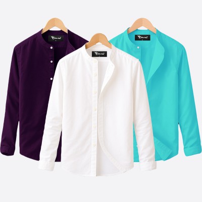 3 pcs Combo Ban Colar Full Sleeve Shirt - White, Pest & Purple. -