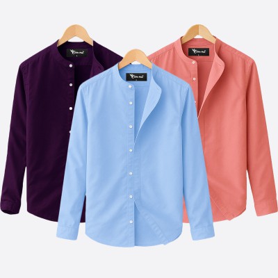 3 pcs Combo Ban Colar Full Sleeve Shirt - Pink, Purple & Sky Blue. -