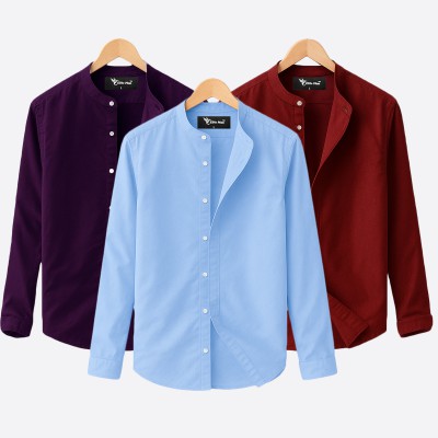 3 pcs Combo Ban Colar Full Sleeve Shirt - Purple & Sky Blue ,meroon . -