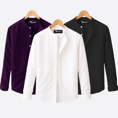 3 pcs Combo Ban Colar Full Sleeve Shirt - Black, White & Purple. -