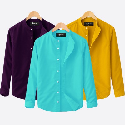 3 pcs Combo Ban Colar Full Sleeve Shirt - Pest, Purple & Kathali. -