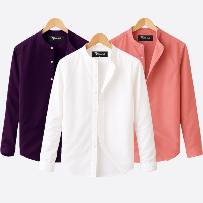 3 pcs Combo Ban Colar Full Sleeve Shirt - White, Pink & Purple. -