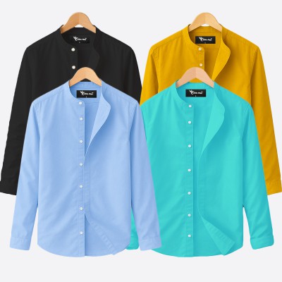 4 pcs Combo Ban Colar Full Sleeve Shirt - Black, Pest, Kathali & Sky Blue.