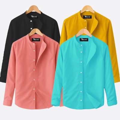 4 pcs Combo Ban Colar Full Sleeve Shirt - Black, Pink, Kathali & Sky Blue. -