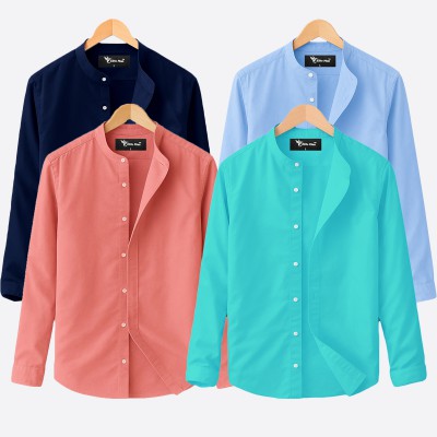 4 pcs Combo Ban Colar Full Sleeve Shirt - Pink, Pest, Sky Blue, Navy Blue. -