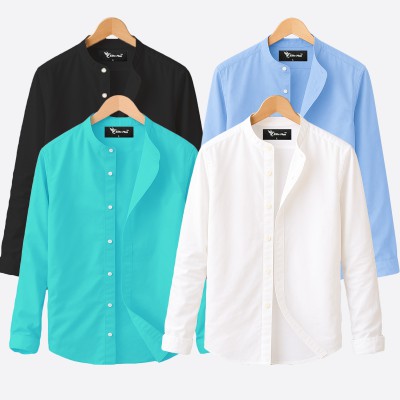 4 pcs Combo Ban Colar Full Sleeve Shirt - Black, White, Pest & Sky Blue. -