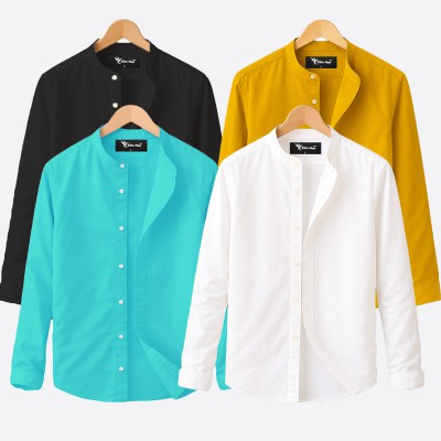4 pcs Combo Ban Colar Full Sleeve Shirt - Black, White, Pest & Kathali. -