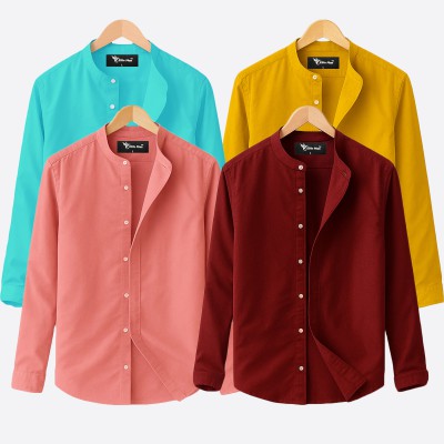 4 pcs Combo Ban Colar Full Sleeve Shirt -pink,meroon, Pest & Kathali. -