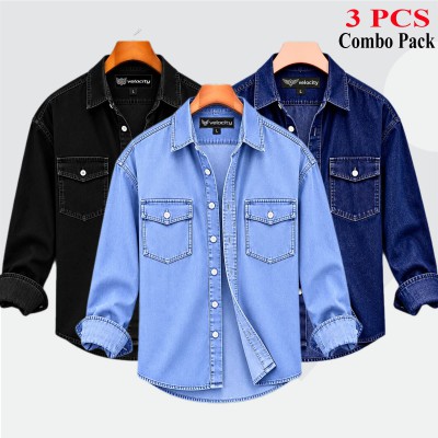 3 Pcs Combo Denim Double Pocket Shirt - Black, Light Blue & Deep Blue