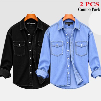 2 Pcs Combo Denim Double Pocket Shirt - Black & Light Blue.