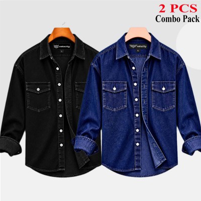 2 Pcs Combo Denim Double Pocket Shirt - Black & Deep Blue.