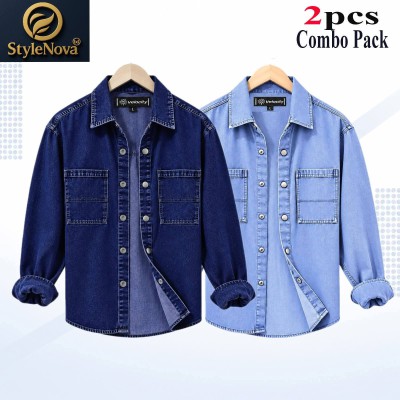 2 Pcs Combo Denim Double Pocket Shirt - Deep blue & Light Blue.