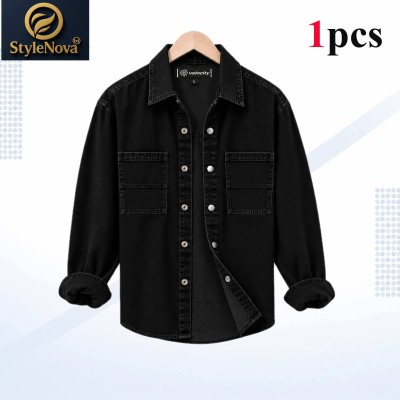 Premium Quality Denim Double Pocket Shirt - black.