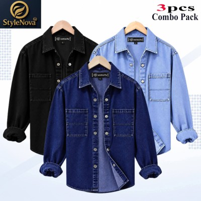 3 Pcs Combo Denim Double Pocket Shirt - Black, Light Blue & Deep Blue. -