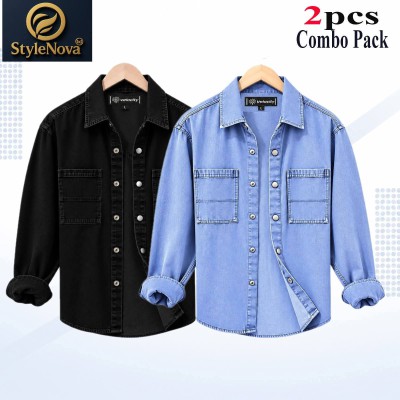 2 Pcs Combo Denim Double Pocket Shirt - Black & Light Blue.