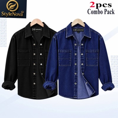 2 Pcs Combo Denim Double Pocket Shirt - Black & Deep Blue. -