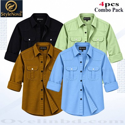 4 Pcs Combo Premium Quality Double Pocket Shirt - Black, Lemon, Sky Blue & Banson.