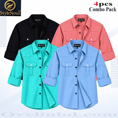 4 Pcs Combo Premium Quality Double Pocket Shirt - Black, Pink, Pest & Sky Blue.