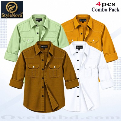 4 Pcs Combo Premium Quality Double Pocket Shirt - White, Banson, Kathali & Lemon.