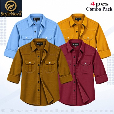 4 Pcs Combo Premium Quality Double Pocket Shirt - Kathali, Banson, Maroon & Sky Blue.