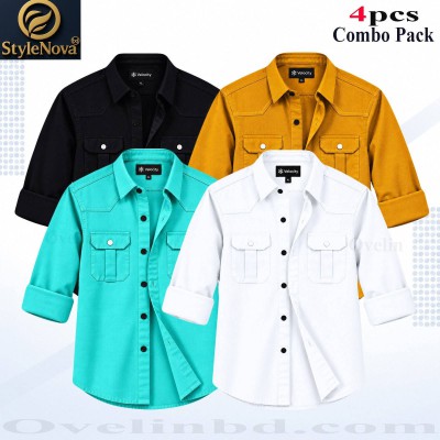 4 Pcs Combo Premium Quality Double Pocket Shirt - Black, White, Pest & Kathali.