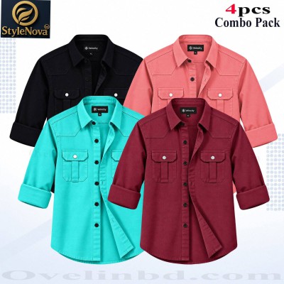 4 Pcs Combo Premium Quality Double Pocket Shirt - Black, Pink, Pest & Maroon.