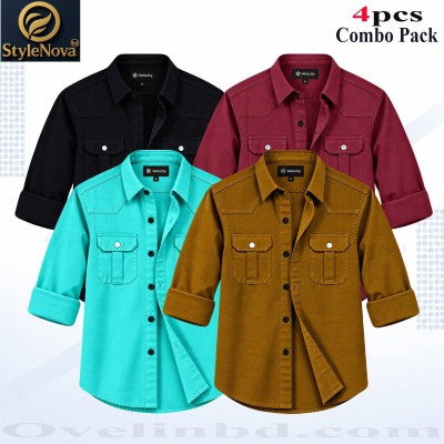 4 Pcs Combo Premium Quality Double Pocket Shirt - Black, Pest, Maroon & Banson.