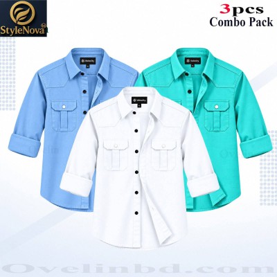 3 Pcs Combo Premium Quality Double Pocket Shirt - White, Pest & Sky Blue.