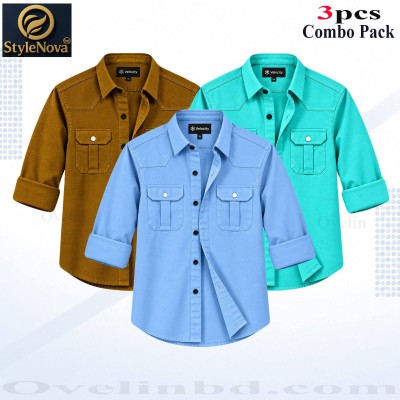 3 Pcs Combo Premium Quality Double Pocket Shirt - Pest, Banson & Sky Blue. -
