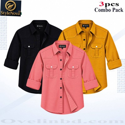 3 pcs Combo Premium Quality Double Pocket Shirt - Black, Pink & Kathali. - 1091