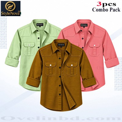 3 pcs Combo Premium Quality Double Pocket Shirt - Pink, Banson & Lemon.