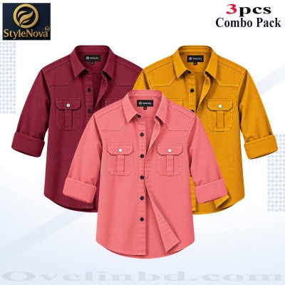 3 pcs Combo Premium Quality Double Pocket Shirt - Pink, Kathali & Maroon.