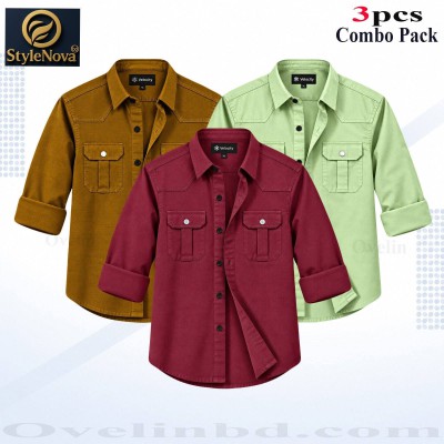 3 Pcs Combo Premium Quality Double Pocket Shirt - Lemon, Banson & Maroon.