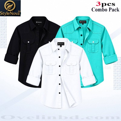 3 Pcs Combo Premium Quality Double Pocket Shirt - Black, White & Pest.