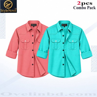 2 Pcs Combo Premium Quality Double Pocket Shirt - Pest & Pink. -