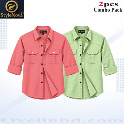 2 Pcs Combo Premium Quality Double Pocket Shirt - Pink & Lemon.