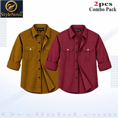 2 Pcs Combo Premium Quality Double Pocket Shirt - Maroon & Banson.