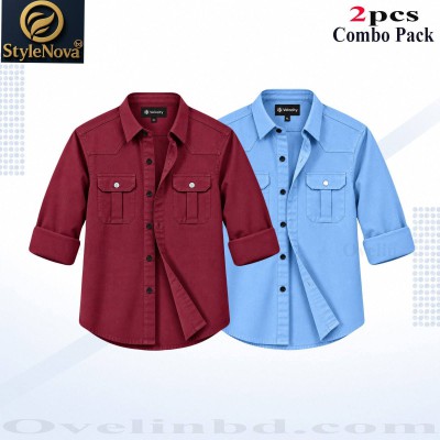 2 Pcs Combo Premium Quality Double Pocket Shirt - Sky Blue & Maroon.