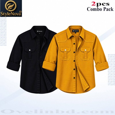 2 Pcs Combo Premium Quality Double Pocket Shirt - Black & Kathali. - 1562